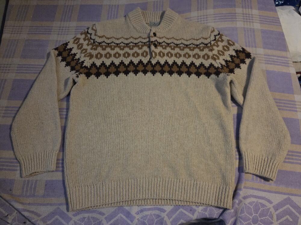LL Bean Sweater Mens Size XL Grey 100% Lambswool Knit Henley Nordic Fair Isle